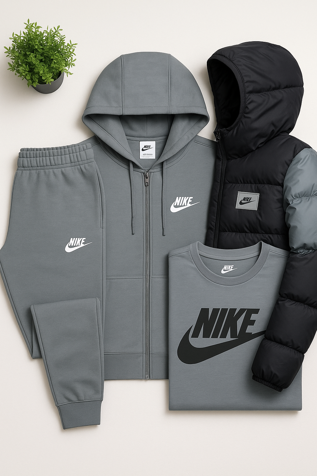NK™ Men’s Complete Set – Fleece Tracksuit + Logo T-Shirt + Winter Puffer Jacket